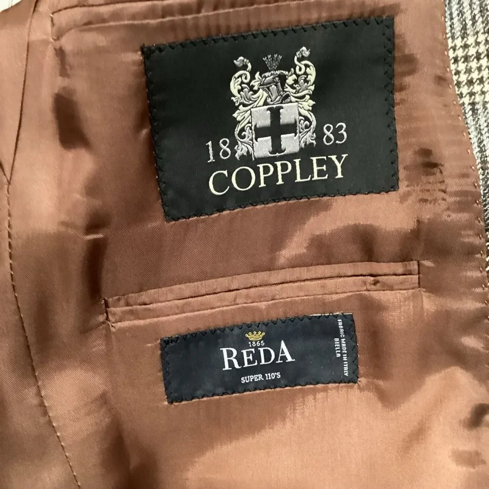 Coppley Sport Coat Blazer REDA Super 110s Wool Milo Brown Gray Plaid Size 40R